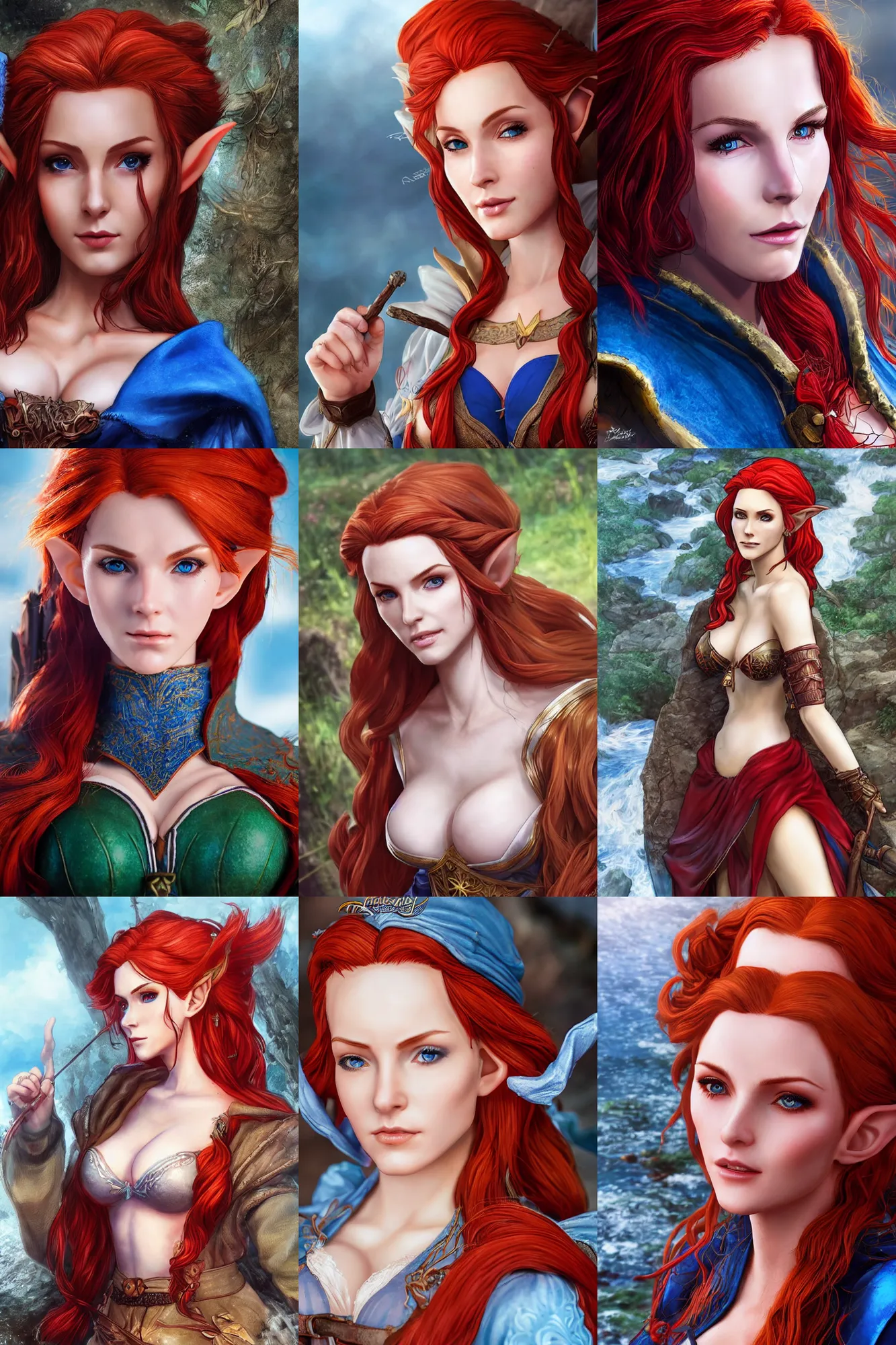 Prompt: alluring highly detailed close - up portrait of beautiful elf ( triss from witcher 3 ) with porcelain skin flowing red hair wearing chesty adventurer's outfit and a long blue cloak, very detailed, realistic, manga, matte, artgerm