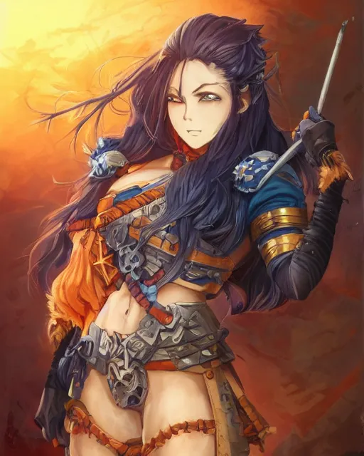 Prompt: An anime portrait of a beautiful D&D half-orc female with long wavy dark blue hair, bright orange eyes, intricate full body armour, fantasy soldier, by Stanley Artgerm Lau, WLOP, Rossdraws, James Jean, Andrei Riabovitchev, Marc Simonetti, and Sakimichan, highly detailed, ultra detailed, golden hour, trending on artstation, cgstudio