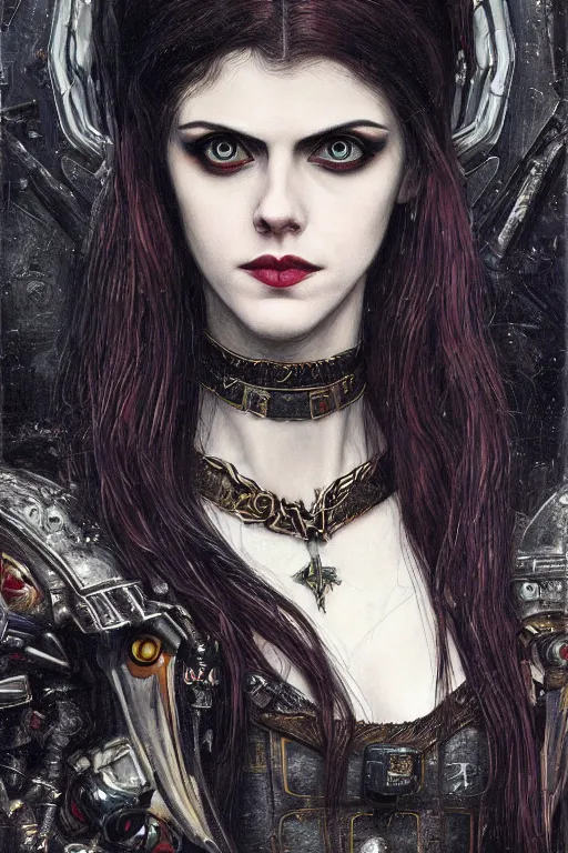 Image similar to portrait of beautiful gothic Alexandra Daddario, cyberpunk, Warhammer, highly detailed, artstation, illustration, art by Gustav Klimt