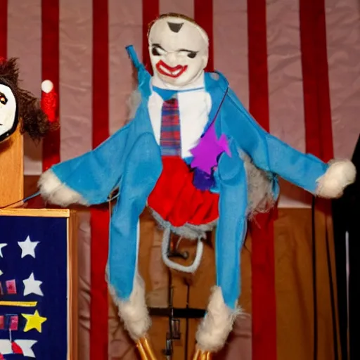 Image similar to puppet show with a puppeteer using a string marionette of a president with clown makeup in a podium