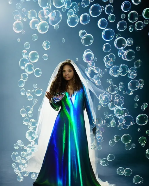 Image similar to annie leibovitz style photoshoot editorial of gugu mbatha - raw as sue storm of the fantastic four, wearing a beautiful iridescent shimmering wedding dress made out of particle effects, force field soap like bubble, hyperreal, magical, translucent, iridescent, shimmering wedding dress