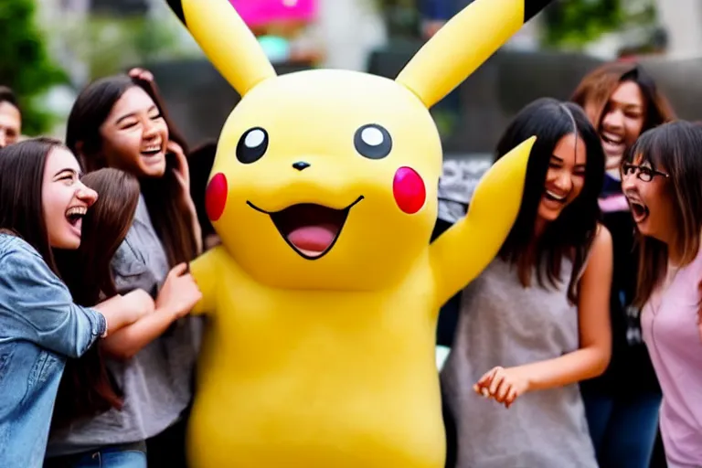 Image similar to a group of young woman are crowded around a life size pikachu and they looking directly it and they are laughing at it