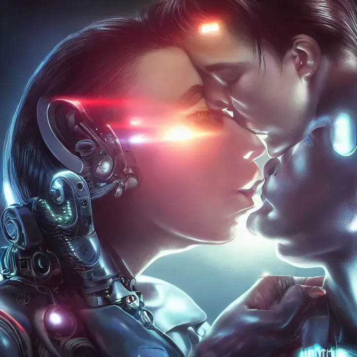 Image similar to ultra realistic medium shot of a couple of cyborgs kissing, lovers, cyberpunk, sci - fi, fantasy, kodak, colour led, soft light, volumetric lighting, night, intricate, highly detailed, digital painting, concept art, smooth, sharp focus, illustration, art by artgerm and greg rutkowski and alphonse mucha