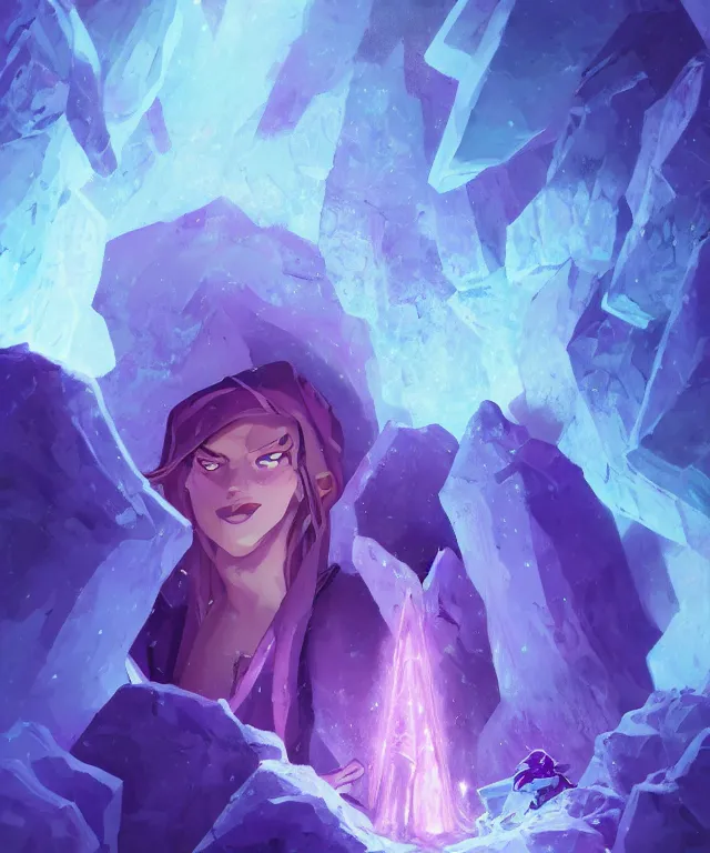 Prompt: The benevolent purple amethyst spirit in a magical crystal icy cave, tense cinematic composition, close up portrait with wide background, by Andreas Rocha