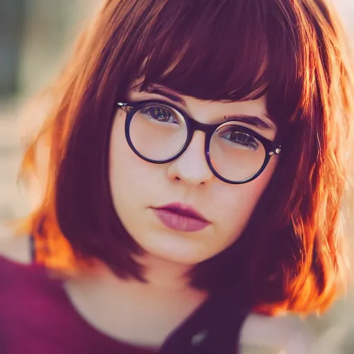 Image similar to dslr photo of velma dinkley, portrait photo, pretty face, real photo, real camera, extreme detailed face and body, high quality, moody lighting, fast paced lines, sharp quality, enchanting lighting, 8 k