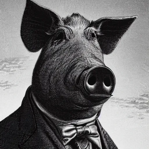 Prompt: closeup portrait of a pig in a tuxedo, dramatic lighting, farm background, moon, chiaroscuro, high detail, illustration by gustave dore