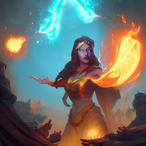 Image similar to The sorceress casting a fireball, colaboration of Hearthstone and Greg Rutkowski for Hearthstone