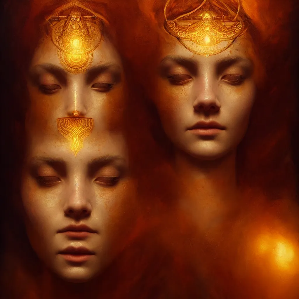 Prompt: a beautiful portrait of a goddess with the third eye on the forehead, only one face, atmospheric lighting, painted, intricate, volumetric lighting, beautiful, rich deep colours masterpiece, golden hour, sharp focus, ultra detailed, by Leesha Hannigan, Ross Tran, Thierry Doizon, Kai Carpenter, Ignacio Fernández Ríos