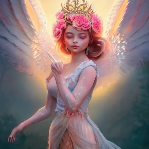 Image similar to expressive full body photo of sophia lauren as beautiful angel, smooth glowing skin, ornate headpiece made from pink flowers, glamour shot, by yoshitaka amano, by greg rutkowski, by jeremyg lipkinng, by artgerm, digital art, octane render, unreal engine, photorealistic, 3 d character