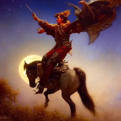 Prompt: attractive male witch magically flying with no horses, trough the night, fantasy, full moon in background. highly detailed painting by gaston bussiere, craig mullins, j. c. leyendecker, mid shot, 8 k