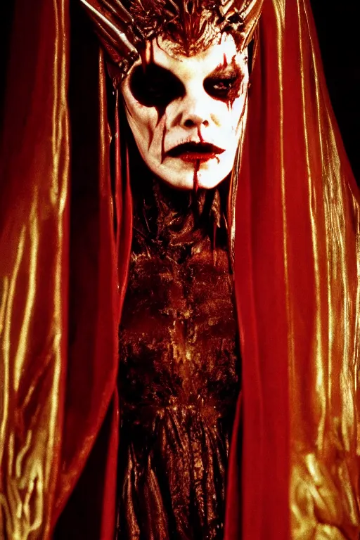 Image similar to dressed liv tyler, a sinister demonic queen of cenobites, symmetrical, cinematic, elegant, demonic atmosphere, professional studio light, real dlsr photography, sharp focus, costume made by clive barker, real rotten flesh, blood and bones, 4 k, ultra hd, sense of awe