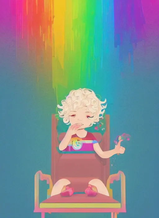 Image similar to a little girl with wavy curly rainbow hair sitting in an armchair. clean cel shaded vector art. shutterstock. behance hd by lois van baarle, artgerm, helen huang, by makoto shinkai and ilya kuvshinov, rossdraws, illustration, art by ilya kuvshinov