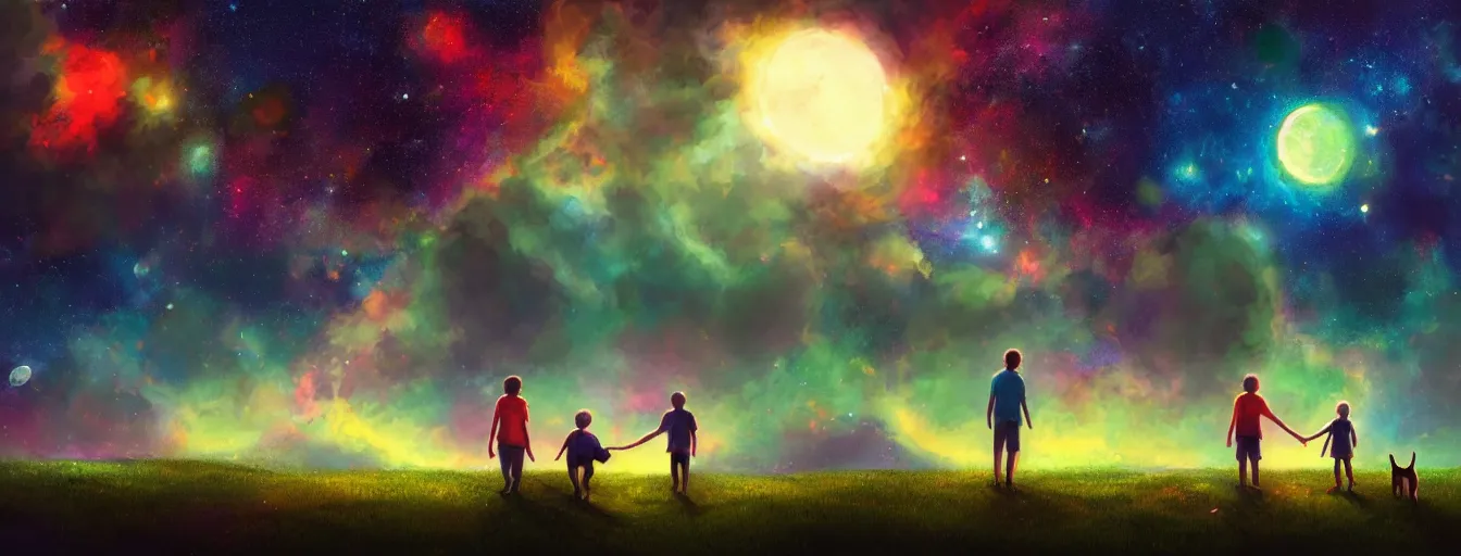 Prompt: rear view of a young couple and a kid holding hands, with a dog sitting next to them in a small green planet looking to the night sky displaying an entire colorful universe, digital art, epic, colorful, highly detailed, by ross tran, artstation