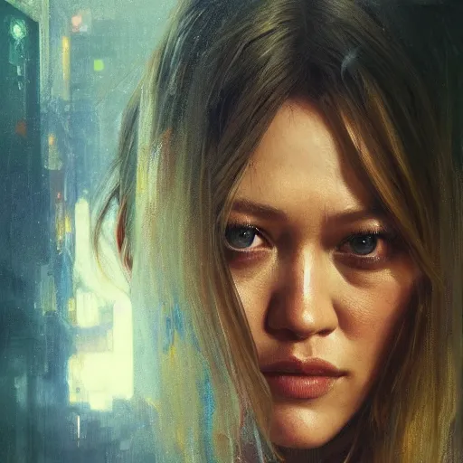 Image similar to hilary duff, hyperrealistic portrait, bladerunner street, art of elysium by jeremy mann and alphonse mucha, fantasy art, photo realistic, dynamic lighting, artstation, poster, volumetric lighting, very detailed face, 4 k, award winning