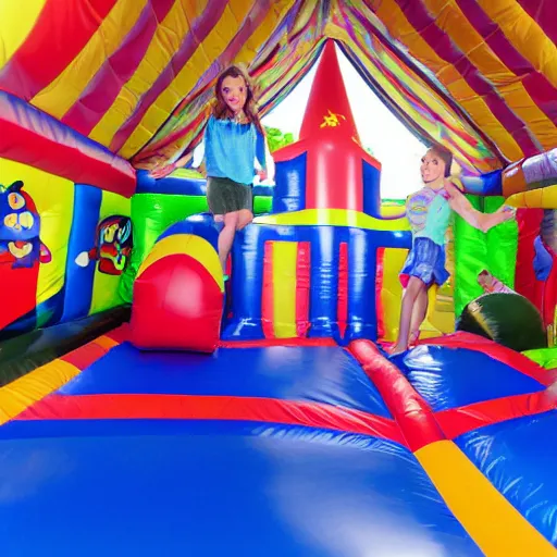 Prompt: a darkly lit indoor children's bounce house photo taken with a deposable camera limital space