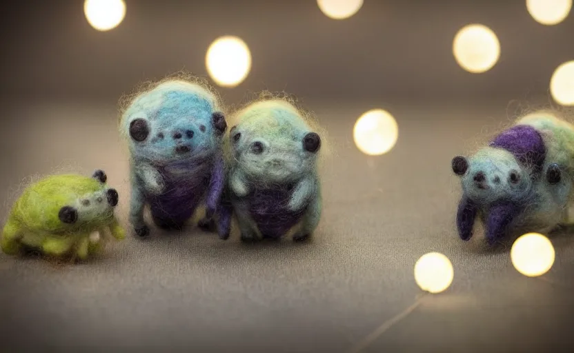 Image similar to tardigrade mini cafe tardigrade diorama with tardigrades macro photography, needle felted tardigrades, ambient, atmospheric photograph, string lights, romantic tardigrades