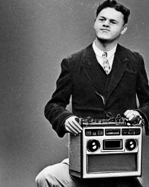 Image similar to a vintage photo of a man with a boombox instead of a head