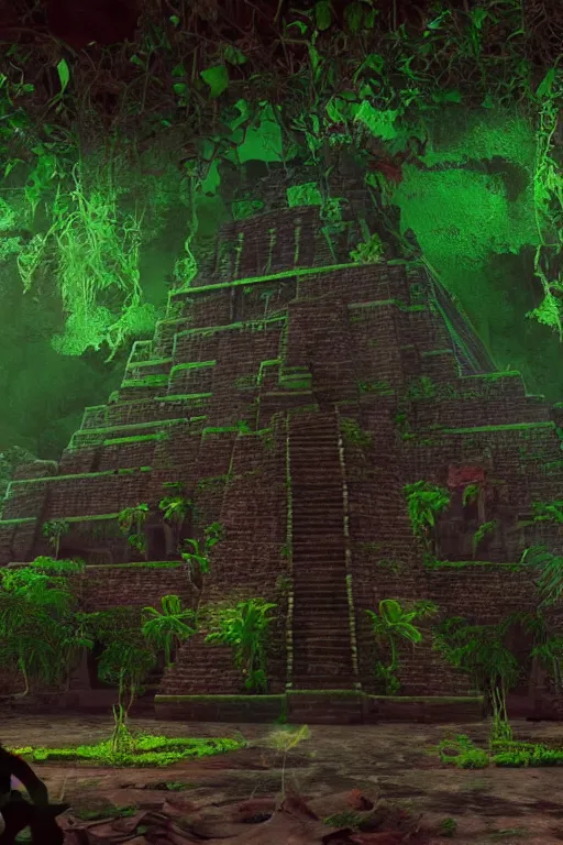 Image similar to a beautiful 3 d stylized interior scene of a dark ancient mayan temple with voodoo magic, green potions, vines, octane, unreal engine,