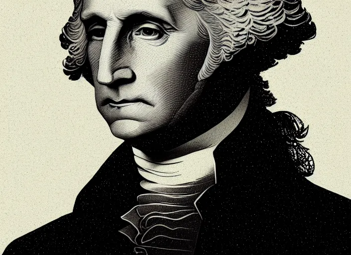 Prompt: illustrated portrait of george washington, mads berg, karolis strautniekas, christopher balaskas, stippled light, low fog, moody, fine texture, editorial illustration, dramatic lighting, dynamic composition, detailed, matte print, muted color, ( ( victo ngai ) ), wide angle