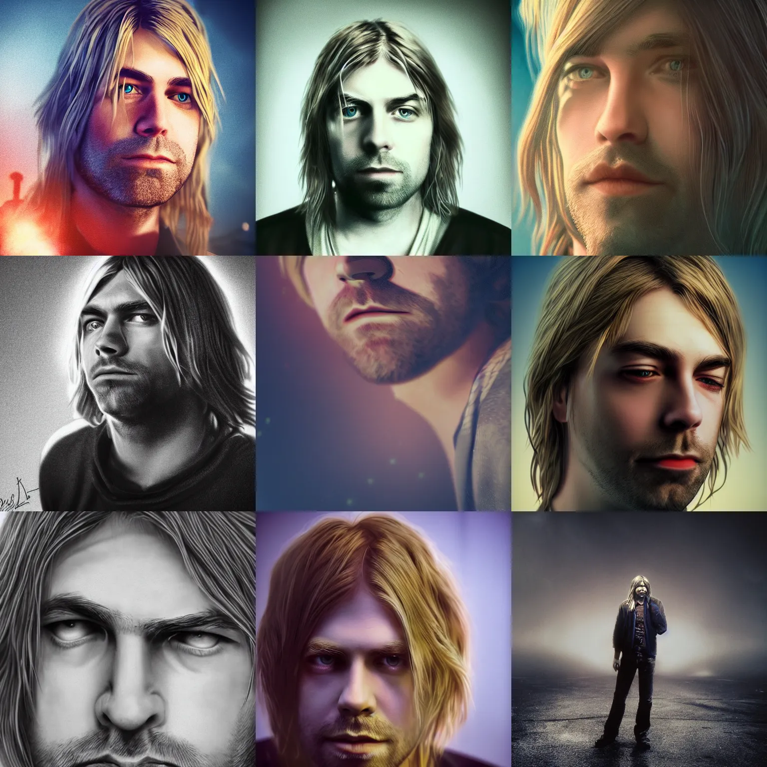 Prompt: distant portrait of kurt cobain from nirvana on a liminal space by bayard wu, fantasy, photorealistic, octane render, dynamic lighting, poster, volumetric lighting, very detailed faces, 4 k,
