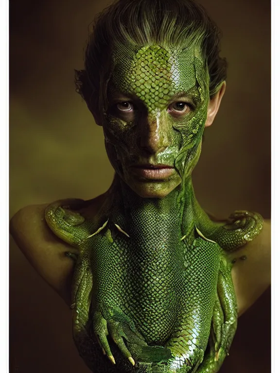 Image similar to portrait of the queen, skin peeling to reveal green! scales!, forked snake tongue sticking out, art by ryo shiotani and greg rutkowski, intricate, beautiful, portrait photography, cinematic lighting, vintage art by serge ivanoff, high resolution, very detailed