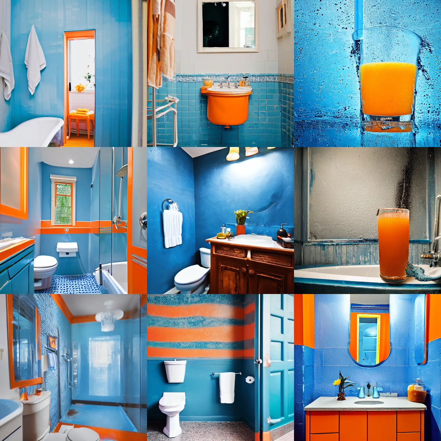 Prompt: dirty blue bathroom flooded with orange juice, photograph