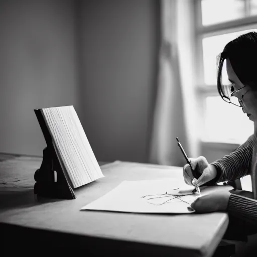 Prompt: a photo of a female trying to draw herself a new arm, 5 0 mm lens, f 1. 4, sharp focus, ethereal, emotionally evoking, head in focus, volumetric lighting, 8 k