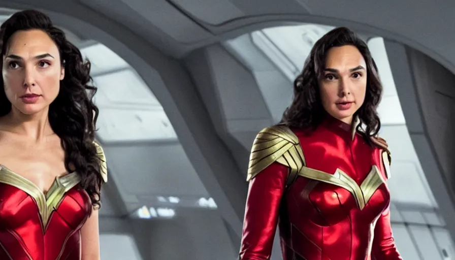 Image similar to Gal Gadot, wearing command red, is the captain of the starship Enterprise in the new Star Trek movie