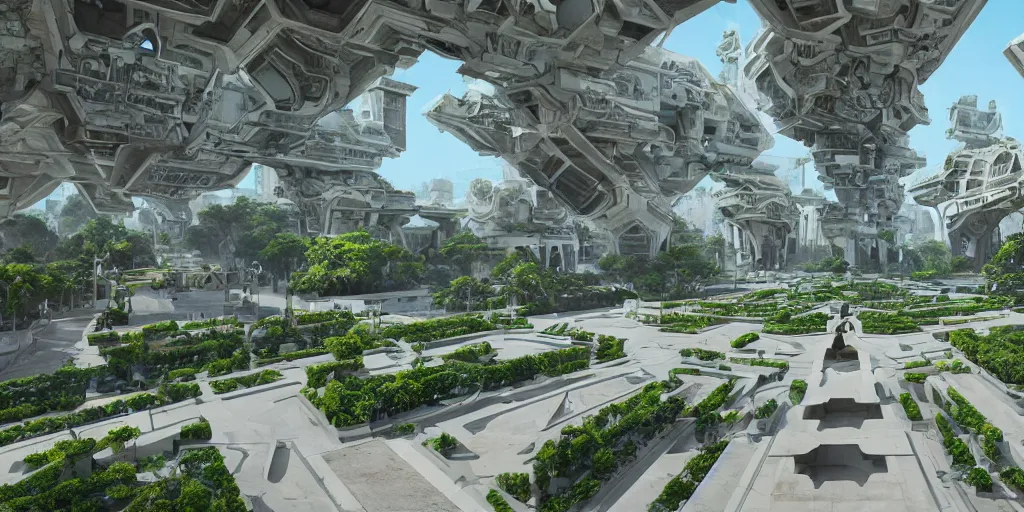 Image similar to geometrically symmetrical hanging garden based on the design of versailles in a futuristic megacity made of travertine brutalist aztec temples, sci-fi, blue sky, optimistic matte painting, concept art, style by syd mead, 8k, octane render