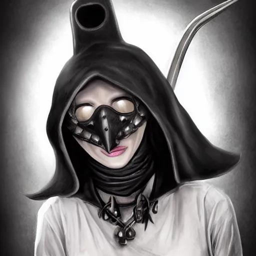 Image similar to female plague doctor donning a black hood, steel knightly armor and a white crow mask, trending on artstation