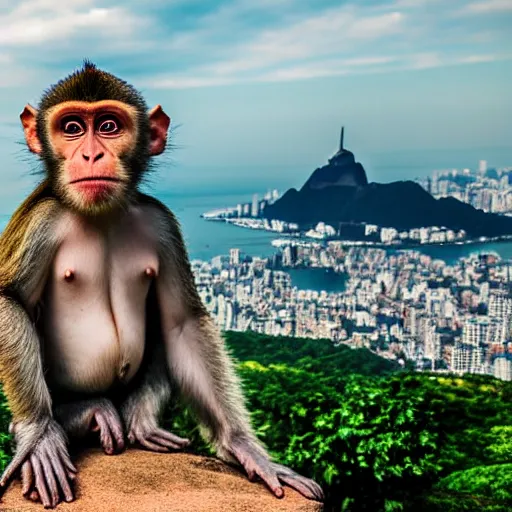 Image similar to high quality portrait of a monkey in front of Christ The Redeemer, studio photograph, photograph, realistic photo, 8k photo, 4k photo, stock photo, high resolution, cinematic shot, high detail