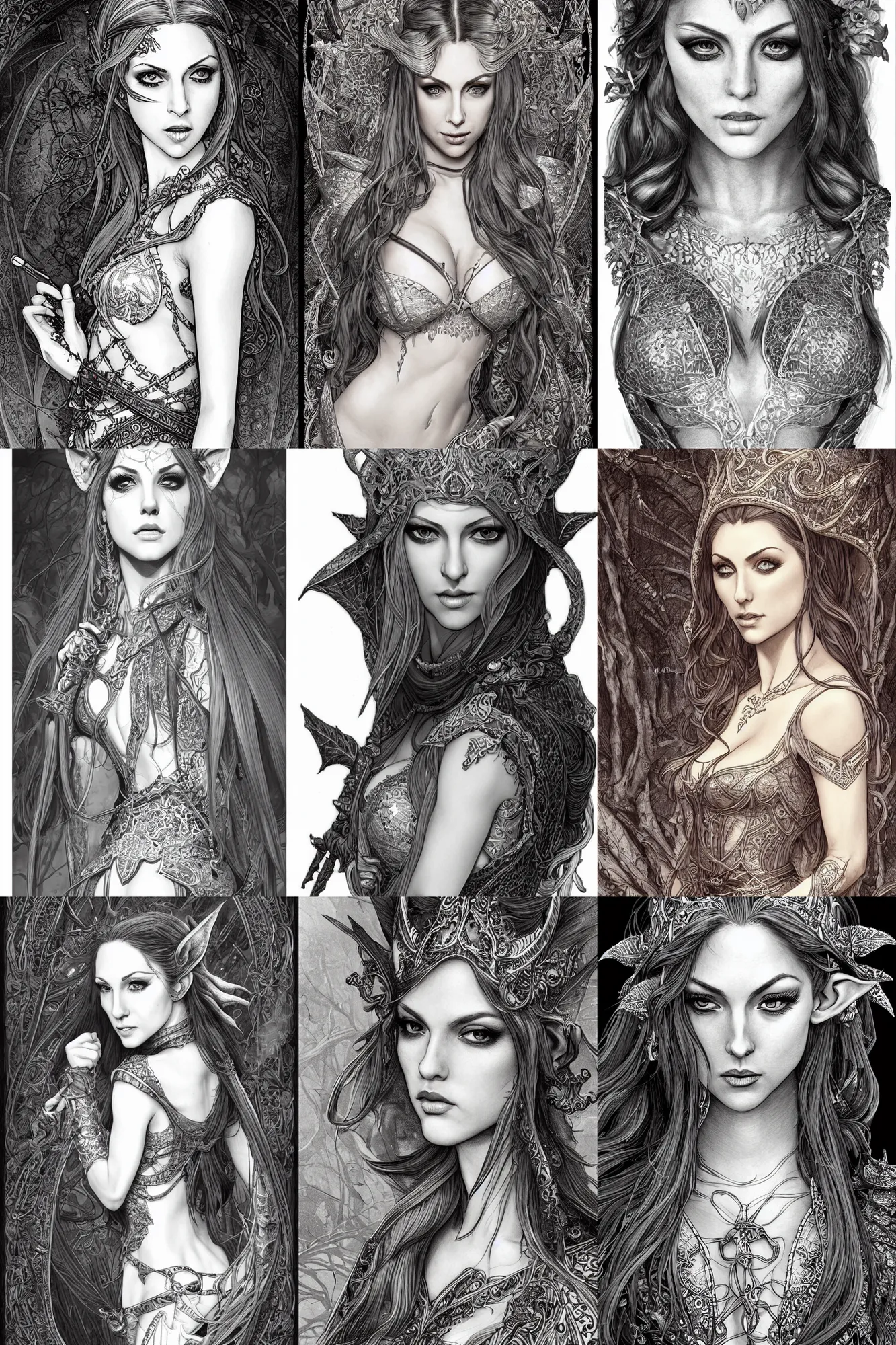 Prompt: alluring highly-detailed pen and ink illustration portrait of an attractive young elf woman (played by Jenna Haze), clothed in a chesty fantasy outfit, intricate, elegant, highly detailed, digital painting, trending on Artstation, concept art, smooth, sharp focus, illustration, in the style of artgerm and greg rutkowski and alphonse mucha