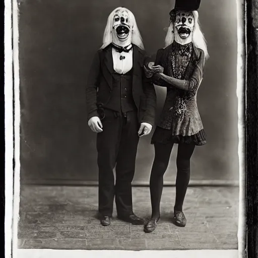 Image similar to portrait of side show clowns, photograph, style of atget, 1 9 1 0, creepy, dark