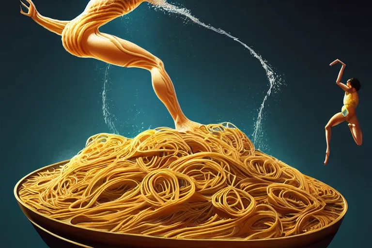 Image similar to olympic diver made of pasta diving into a pool of pasta, splash, art deco intricate ripples, fantasy, elegant, highly detailed, sharp focus, art by artgerm and beeple and greg rutkowski and wlop