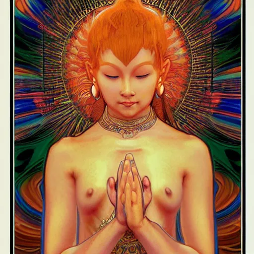 Prompt: Orange tabby cat bodhisattva, praying, prayer hands, 1967 psychedelic portrait art by artgerm and greg rutkowski and alphonse mucha