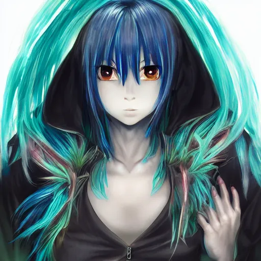 Image similar to rimuru tempest, tensei shitara slime datta ken, highly detailed, professional digital painting, concept art, extreme illustration, sharp focus, smooth, unreal engine 5, photorealism, hd quality, 8 k, black hoodie, cinematic, art by deviantart, artgerm, yoshitaka amano, wataru kajika, junji ito