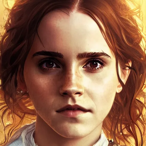 Prompt: Painting of Emma Watson as Hermione Granger. Prisoner of Azkaban. Cheerful. Happy. Art by artgerm and greg rutkowski and alphonse mucha. During golden hour. Extremely detailed. Beautiful. 4K. Award winning.