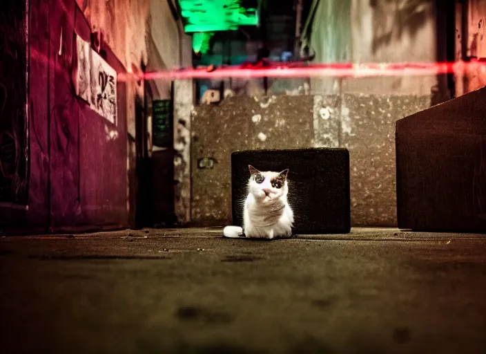 Image similar to photography of a Cat sitting on a box. in a cyberpunk street, award winning photo, led lighting, night, 24mm, sharp, high res