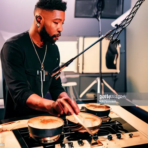 Prompt: curtis roads as a drill rapper cooking up in the studio, high quality press photo