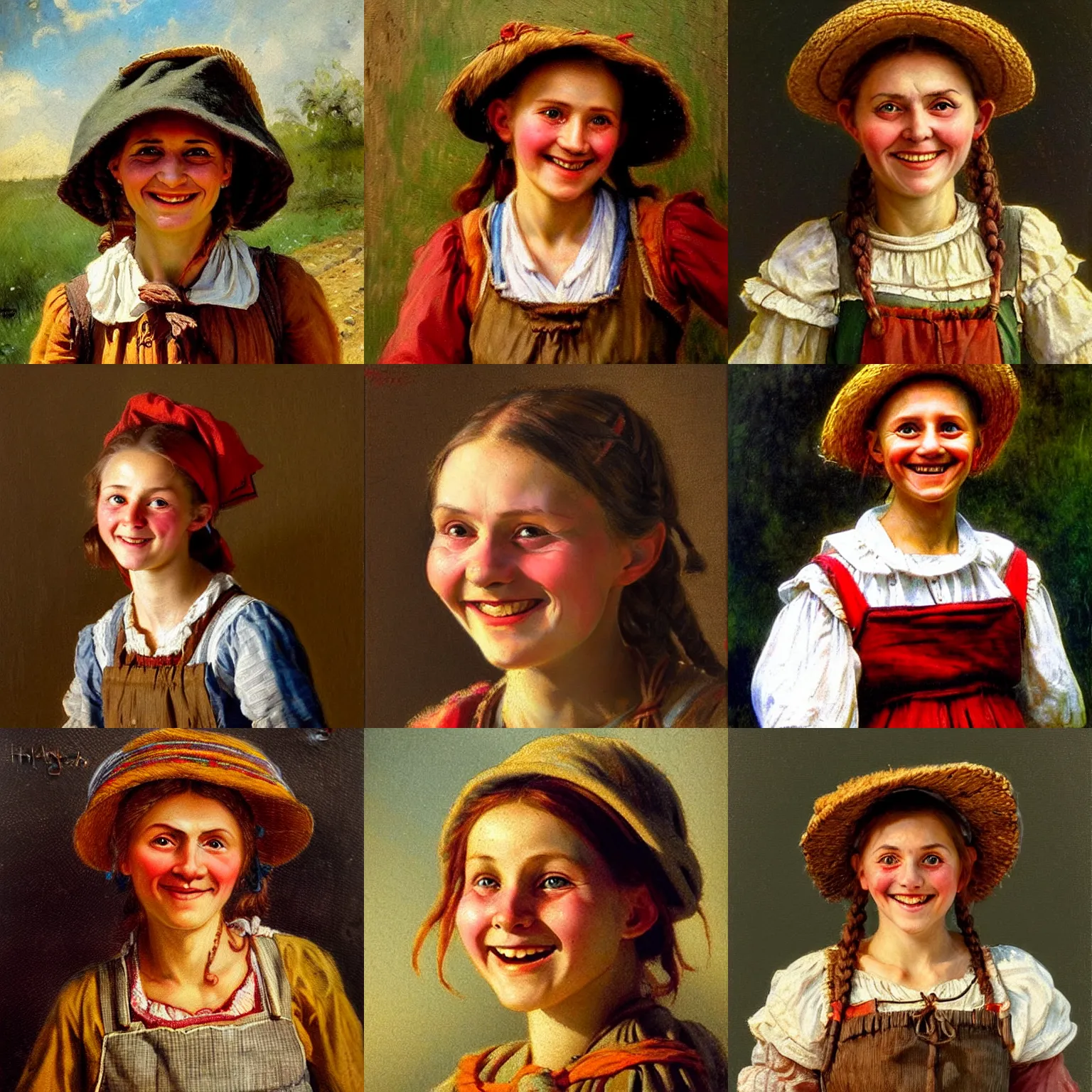 Prompt: a smiling hungarian peasant girl from the 19th century, colourful, detailed, realististic, cinemathic lights, concept art by Hollósy Simon and Jan Matejko