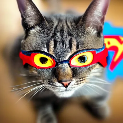 Prompt: high quality photograph of a cat wearing superman clothes