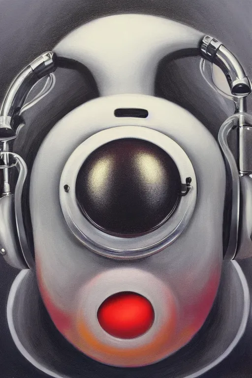 Image similar to hyperrealism surrealism acrylic painting, close - up portrait of bowling ball - with big headphones and a mime sweater, aerosol splashes on paper background, art by jeff soto