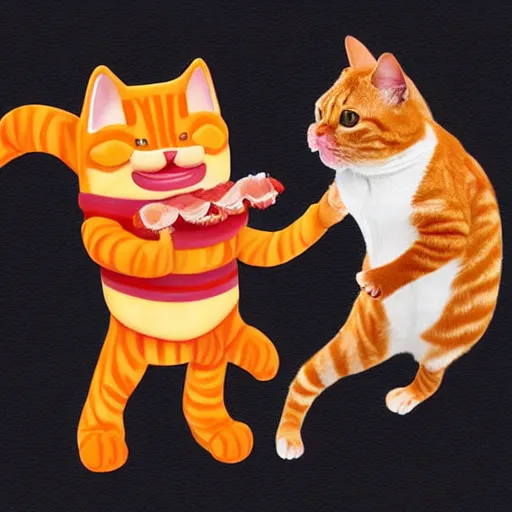Image similar to orange tabby cat fighting an anthropomorphic bacon strip, anthropomorphic bacon strip fighting tabby, realistic