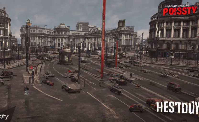 Image similar to Post apocalyptic Picadilly Circus, highly detailed, 4k, unreal engine