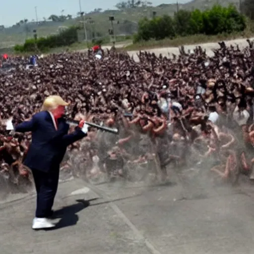 Image similar to Donald Trump firing a minigun at hundreds of zombified Mexicans attempting to cross the border