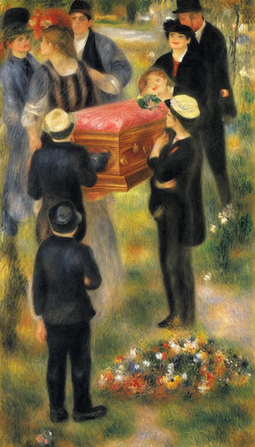 Image similar to a oil painting a group of people stand around a coffin in flowers, by renoir