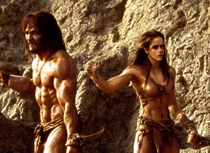 Image similar to still of muscular emma watson in conan the barbarian directed by frank frazetta, high resolution