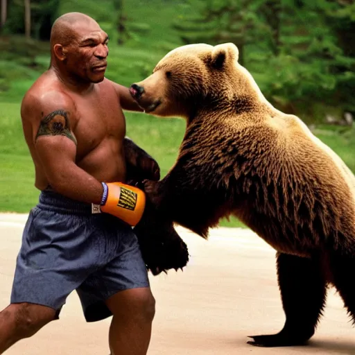 Image similar to “Mike Tyson fighting a bear, 4k photograph, award winning”