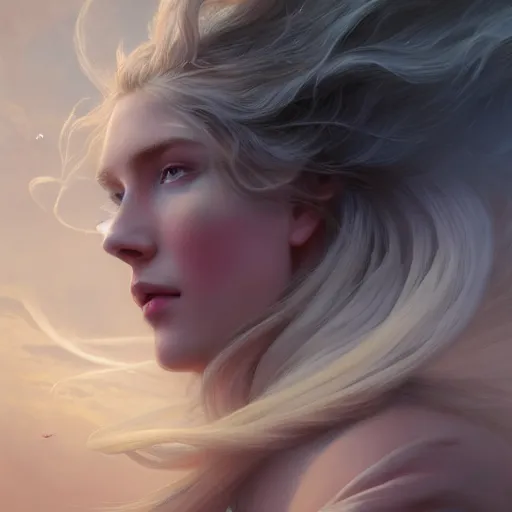 Prompt: epic portrait an beautiful goddess with long blonde flowing hair full off flowers, sweaty skin, glossy lips, beautiful, broad light, ambient occlusion, volumetric light effect, made by ivan aivazovsky, peter mohrbacher, greg rutkowski, matte painting, trending on artstation, 4 k, perfectly defined features, digital painting,