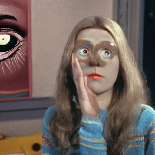 Image similar to middle-age woman enters an eyeball cult, 1977 live-action children's tv show, color